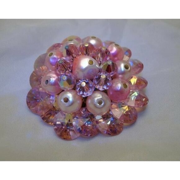 Vintage Jewelry Pink AB Crystal Faux Pearl Brooch Pin Sparkle - Picture 3 of 3